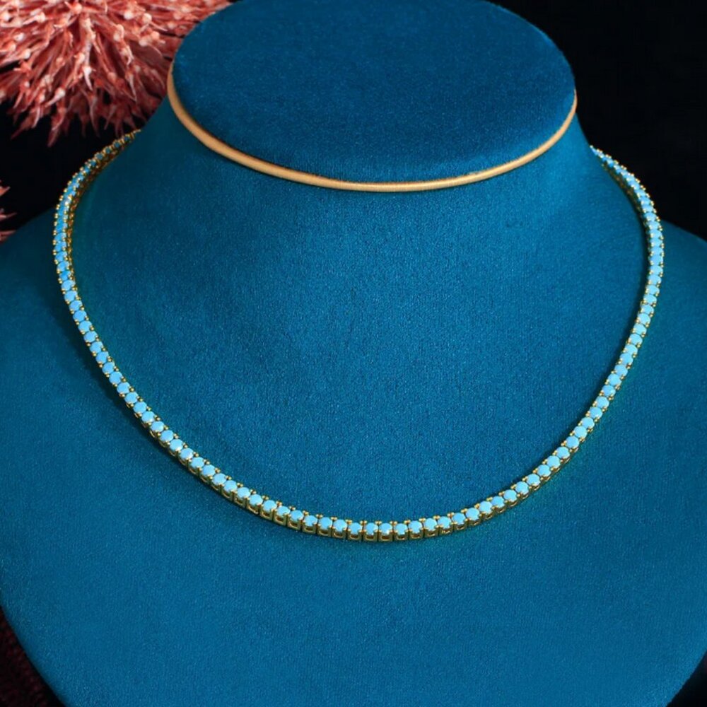 14K Gold Womens 16" Natural Turquoise Gemstone Tennis Necklace Ladies Jewelry - Picture 2 of 10